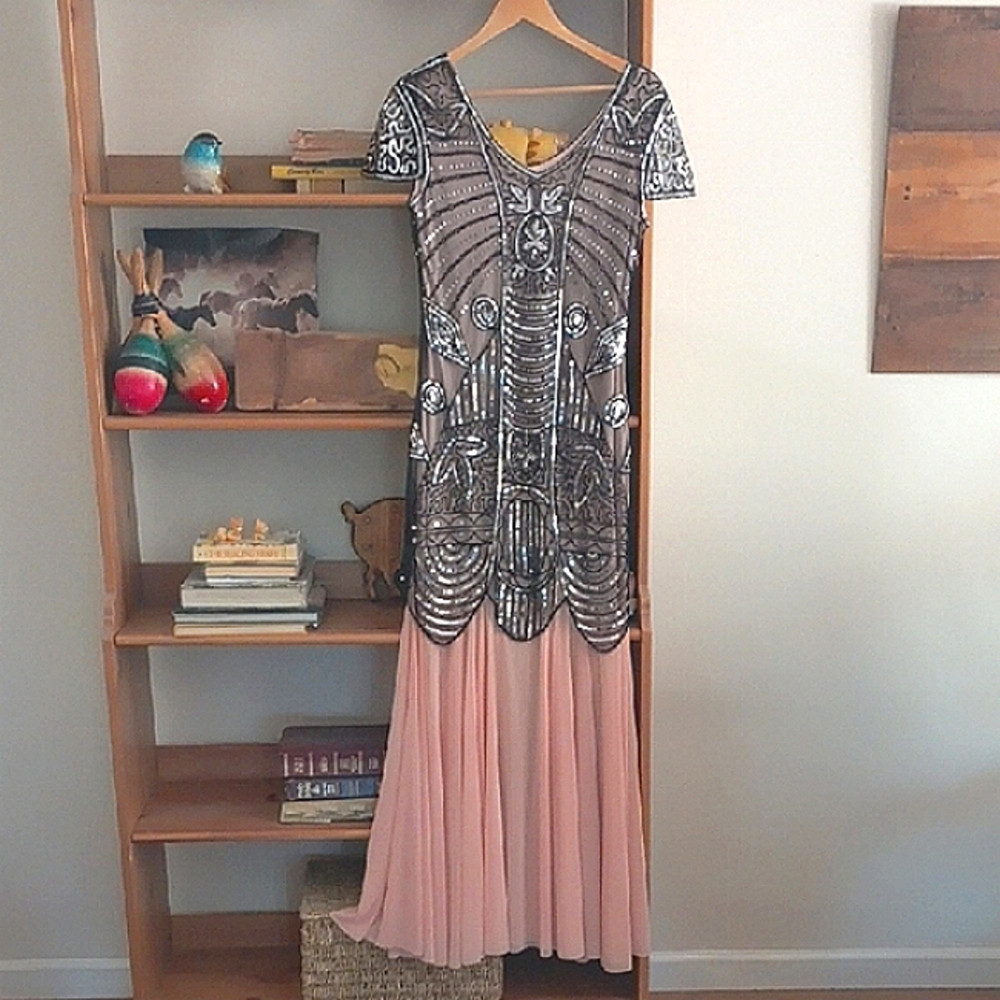 Silver and Pink Embellished Pleated Maxi Dress